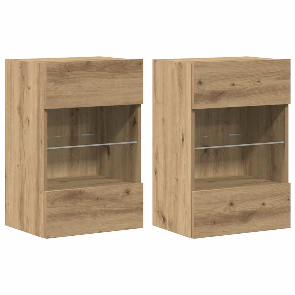 vidaXL Comode de perete cu lumini LED pentru TV, 2 buc. Stejar artizanal 40x30x60,5 cm