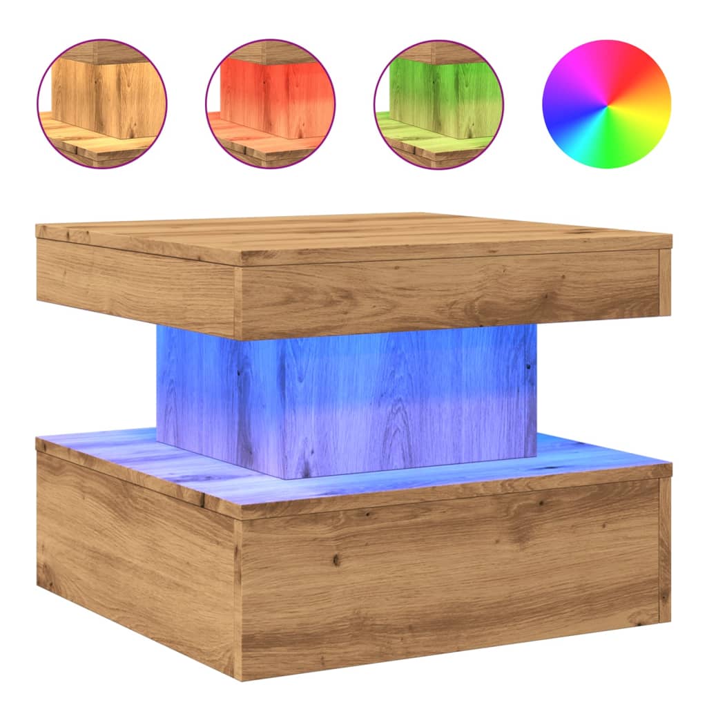 vidaXL Măsuță de cafea cu lumini LED, stejar artizanal, 50x50x40 cm