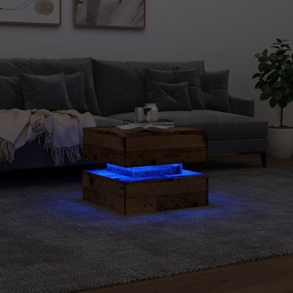 vidaXL Măsuță de cafea cu lumini LED, lemn vechi, 50x50x40 cm vidaXL Măsuță de cafea cu lumini LED, lemn vechi, 50x50x40 cm