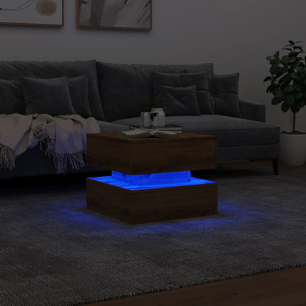 vidaXL Măsuță de cafea cu lumini LED, stejar artizanal, 50x50x40 cm vidaXL Măsuță de cafea cu lumini LED, stejar artizanal, 50x50x40 cm