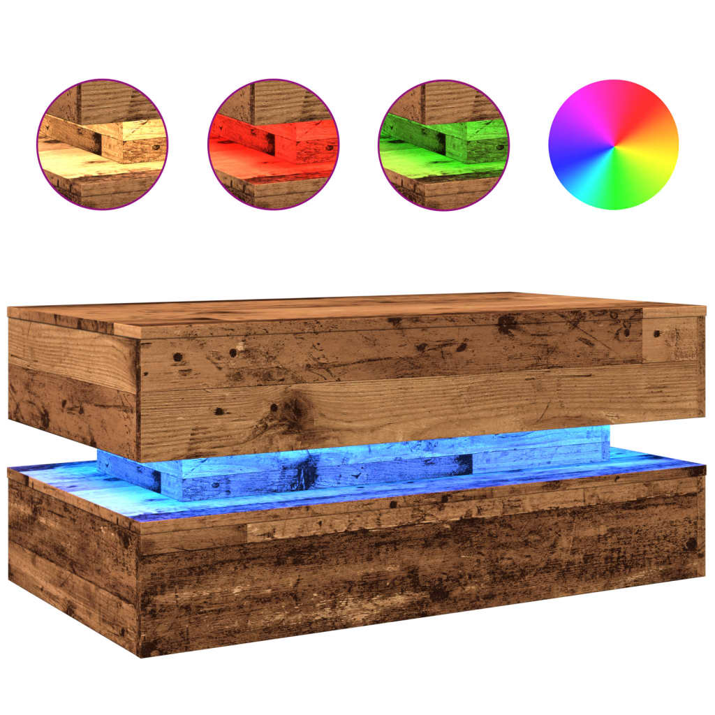 vidaXL Măsuță de cafea cu lumini LED, lemn vechi, 90x50x40 cm vidaXL Măsuță de cafea cu lumini LED, lemn vechi, 90x50x40 cm