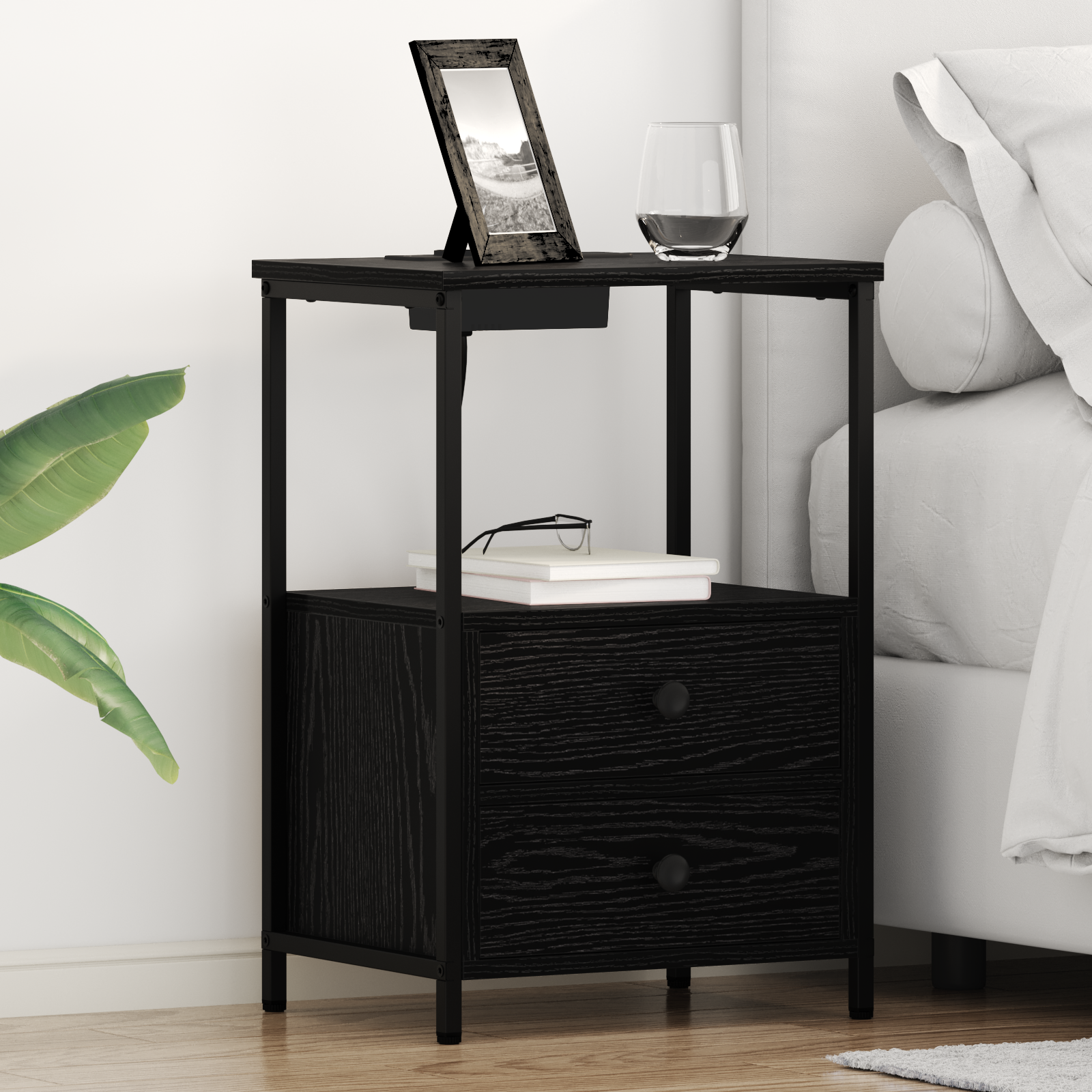 vidaXL Cabinet de noptiere cu stație de încărcare 2 pcs Stejar negru vidaXL Cabinet de noptiere cu stație de încărcare 2 pcs Stejar negru