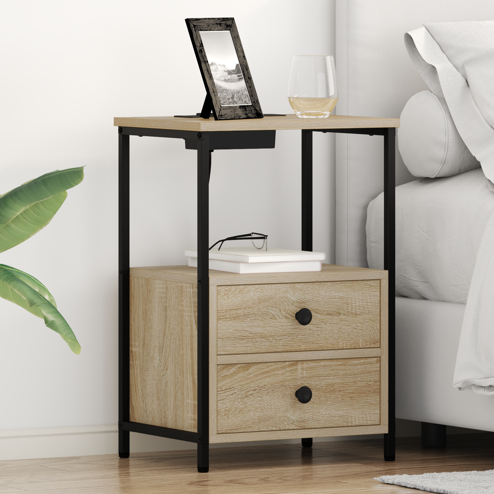 vidaXL Cabinet de noptiere cu stație de încărcare 2 pcs Stejar sonoma vidaXL Cabinet de noptiere cu stație de încărcare 2 pcs Stejar sonoma