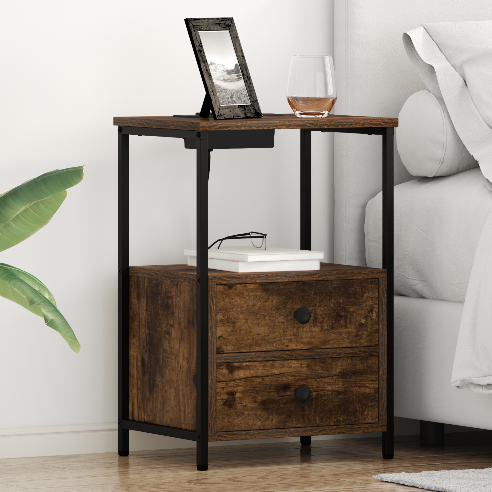 vidaXL Cabinet de noptiere cu stație de încărcare 2 pcs Stejar afumat vidaXL Cabinet de noptiere cu stație de încărcare 2 pcs Stejar afumat