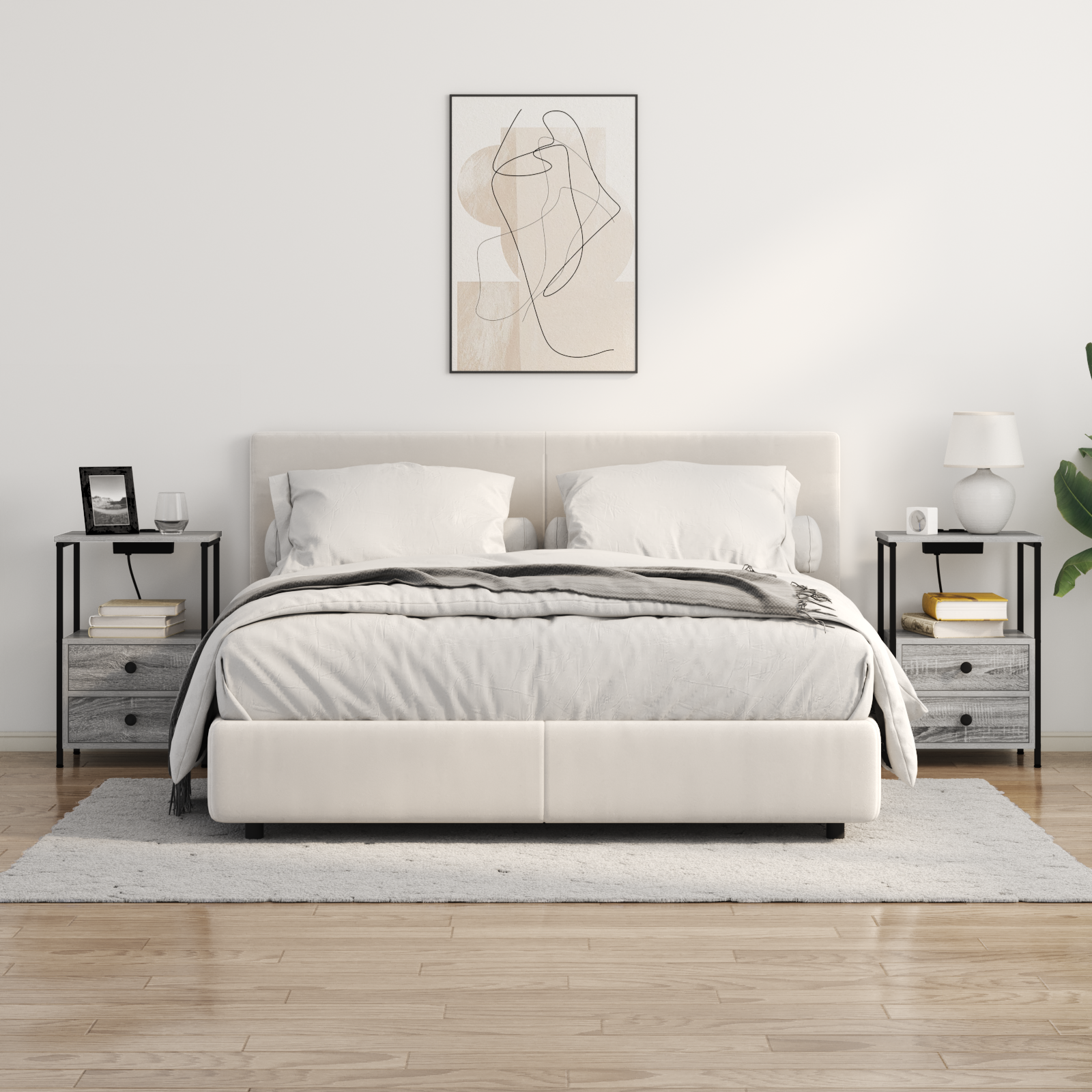 vidaXL Cabinet de noptiere cu stație de încărcare 2 pcs sonoma gri vidaXL Cabinet de noptiere cu stație de încărcare 2 pcs sonoma gri