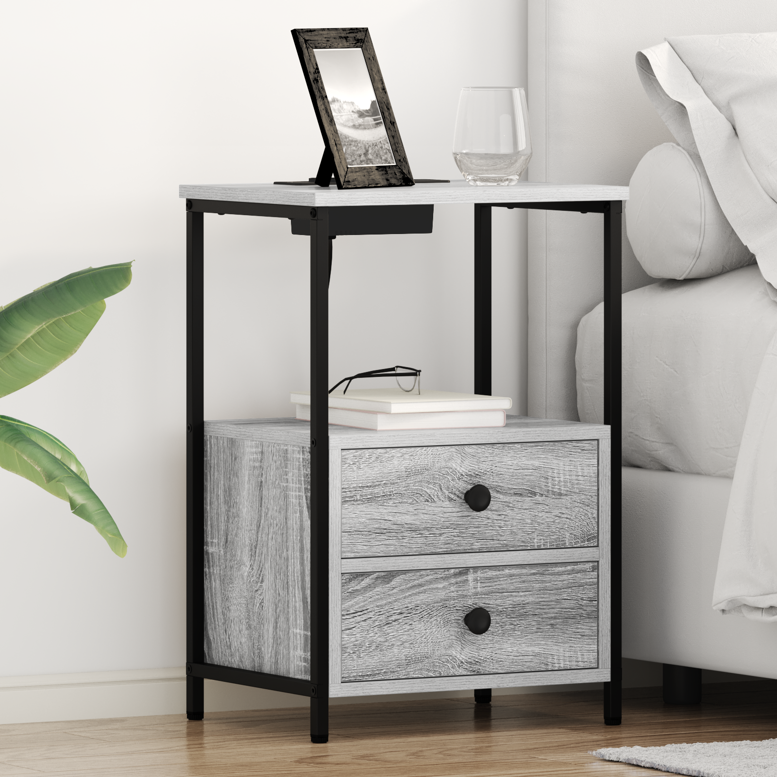 vidaXL Cabinet de noptiere cu stație de încărcare 2 pcs sonoma gri vidaXL Cabinet de noptiere cu stație de încărcare 2 pcs sonoma gri