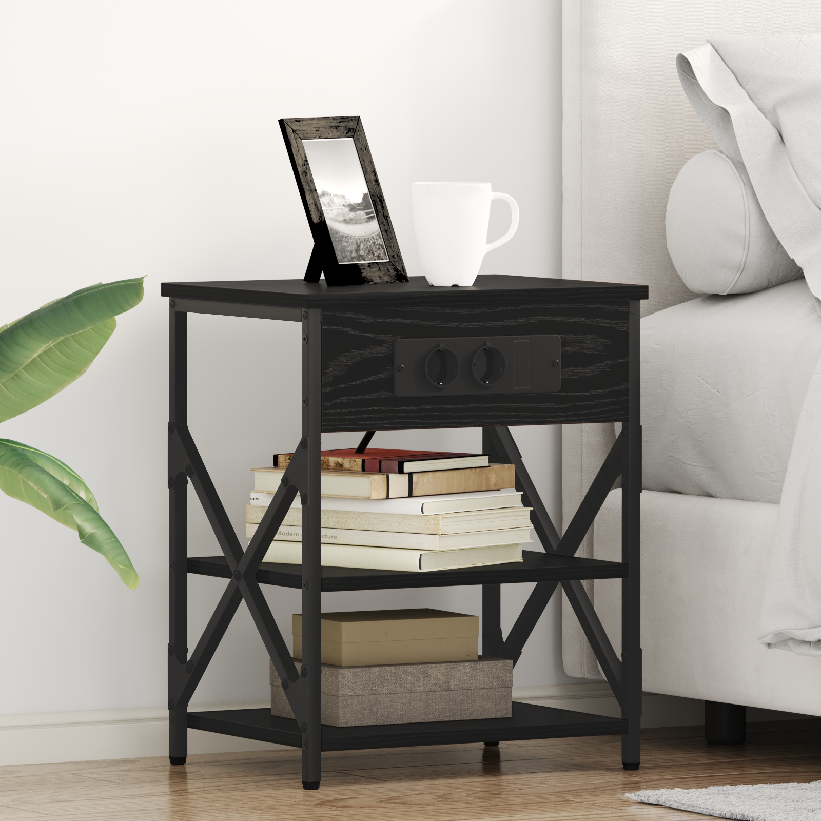 vidaXL Cabinet de noptiere cu stație de încărcare cu raft Stejar negru vidaXL Cabinet de noptiere cu stație de încărcare cu raft Stejar negru