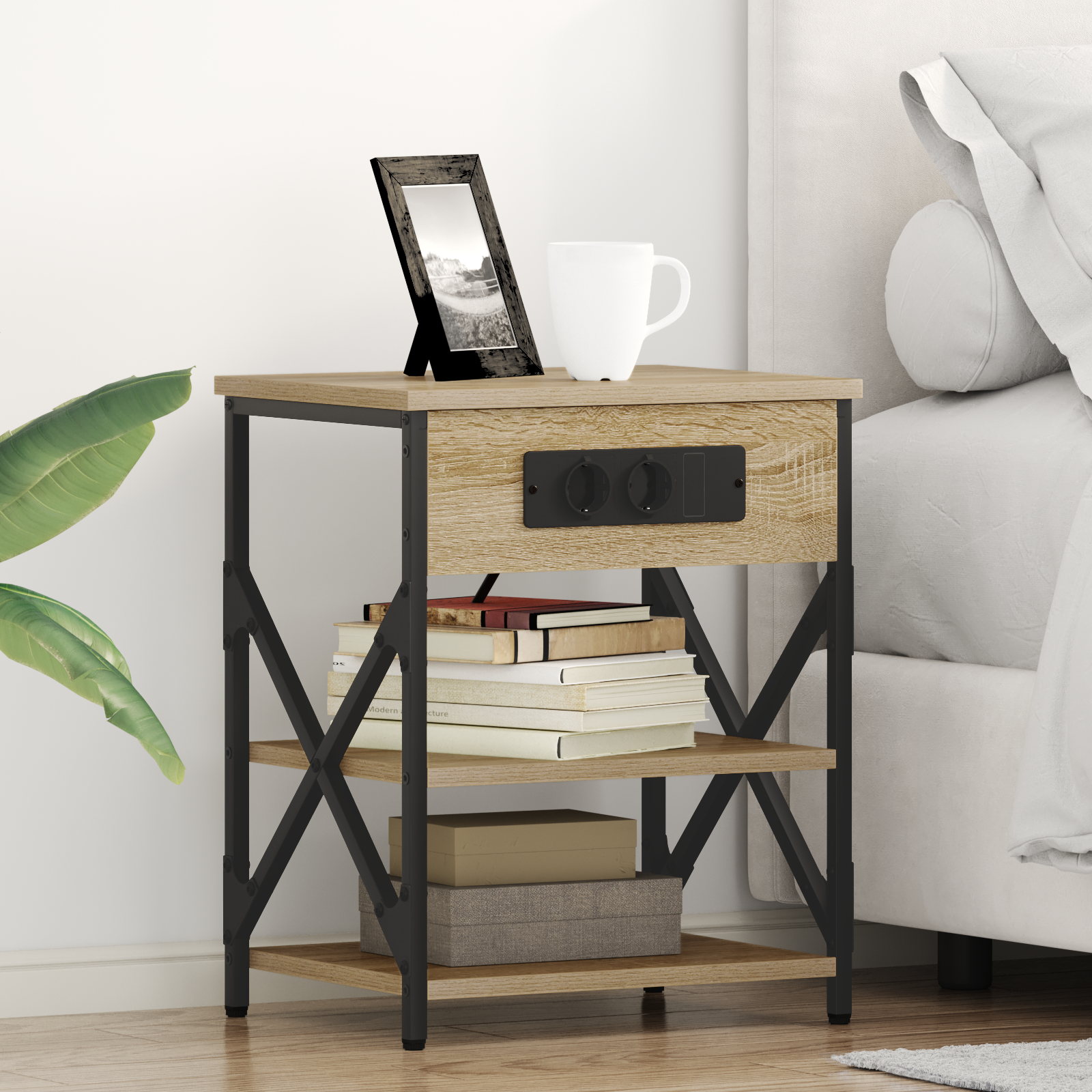 vidaXL Cabinet de noptiere cu stație de încărcare Stejar sonoma vidaXL Cabinet de noptiere cu stație de încărcare Stejar sonoma