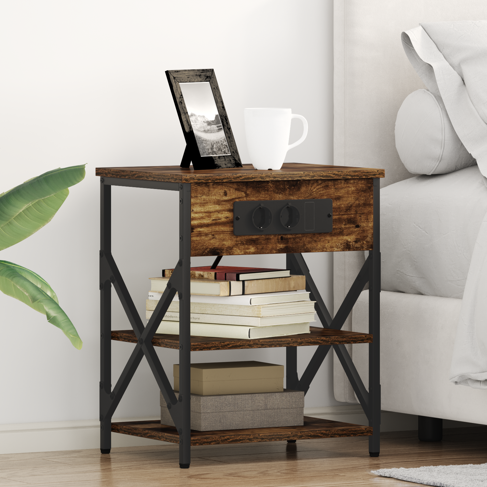 vidaXL Cabinet de noptiere cu stație de încărcare 2 pcs Stejar afumat vidaXL Cabinet de noptiere cu stație de încărcare 2 pcs Stejar afumat