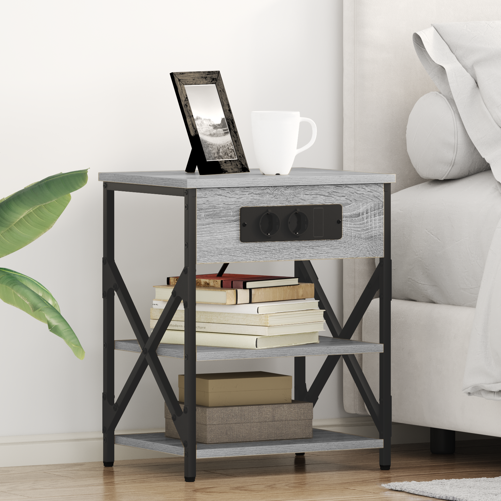 vidaXL Cabinet de noptiere cu stație de încărcare cu raft sonoma gri