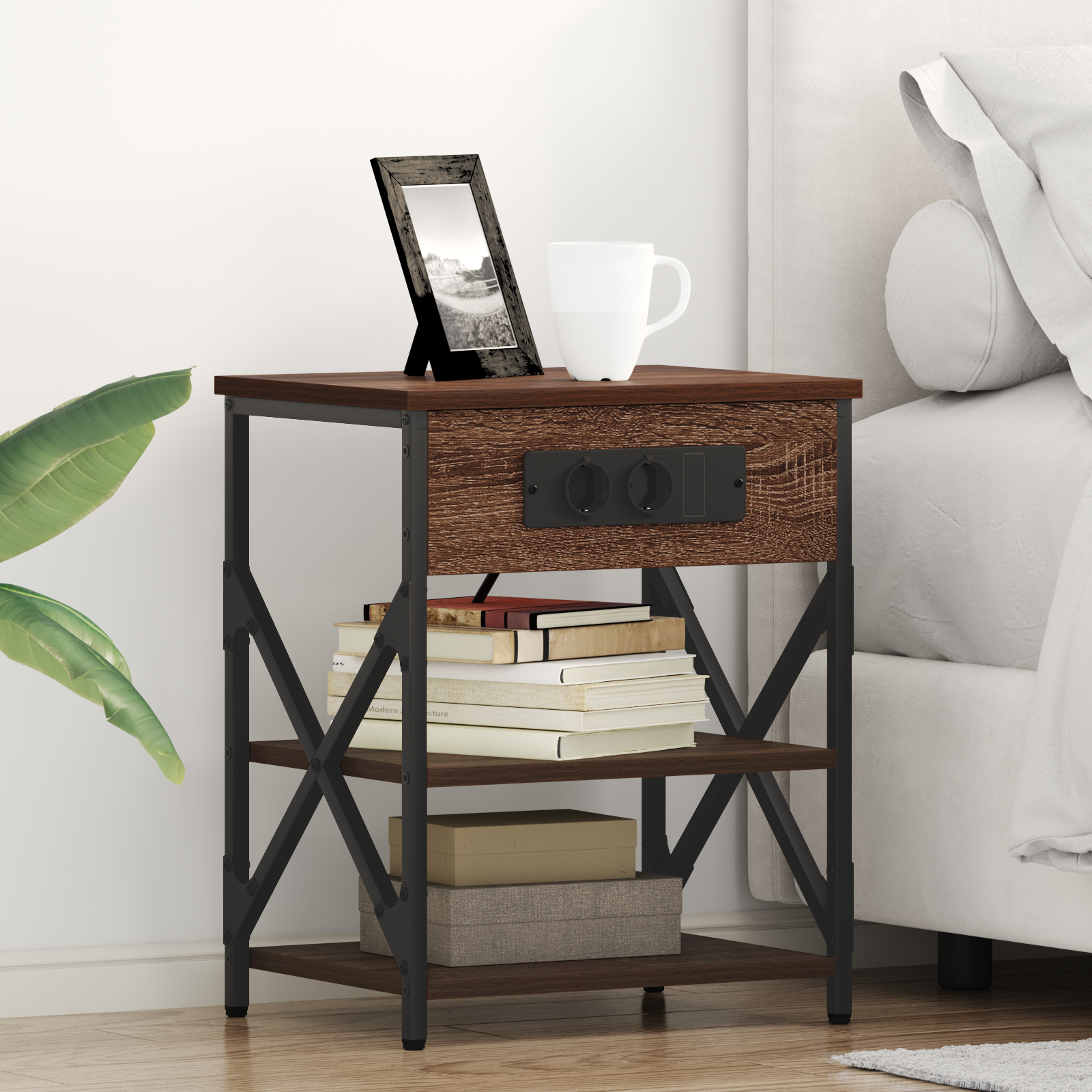 vidaXL Cabinet de noptiere cu stație de încărcare 2 pcs Stejar brun vidaXL Cabinet de noptiere cu stație de încărcare 2 pcs Stejar brun