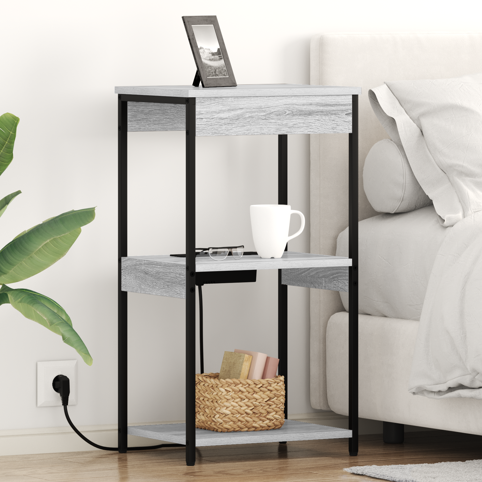 vidaXL Cabinet de noptiere cu stație de încărcare cu raft sonoma gri vidaXL Cabinet de noptiere cu stație de încărcare cu raft sonoma gri