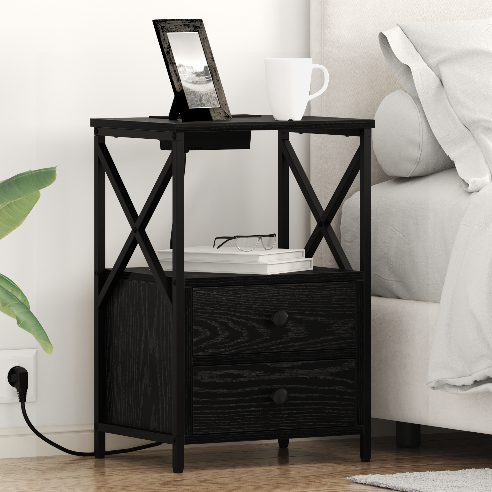 vidaXL Cabinet de noptiere cu stație de încărcare 2 pcs Stejar negru