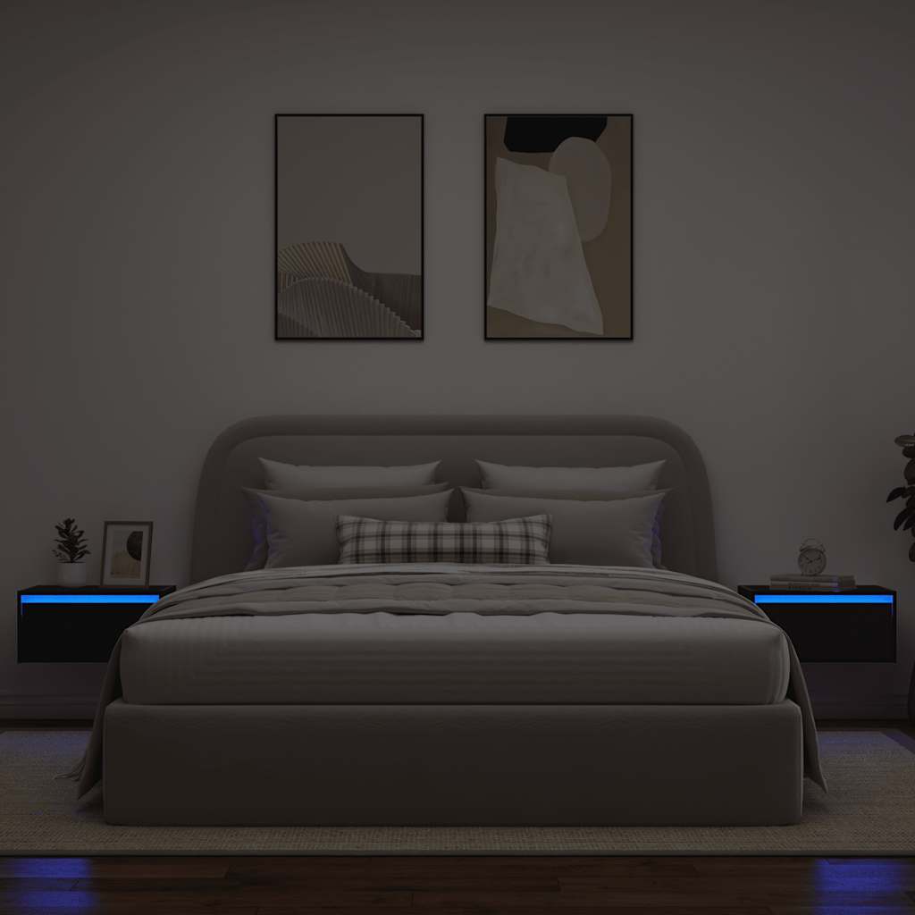 vidaXL Noptiere montate pe perete cu lumini LED 2 buc Stejar negru vidaXL Noptiere montate pe perete cu lumini LED 2 buc Stejar negru