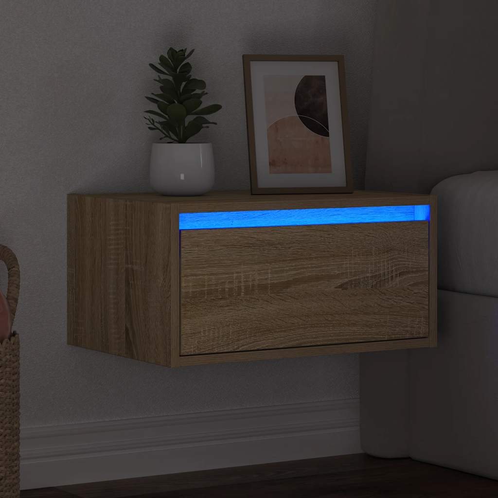 vidaXL Noptieră montată pe perete cu lumini LED, stejar sonoma vidaXL Noptieră montată pe perete cu lumini LED, stejar sonoma