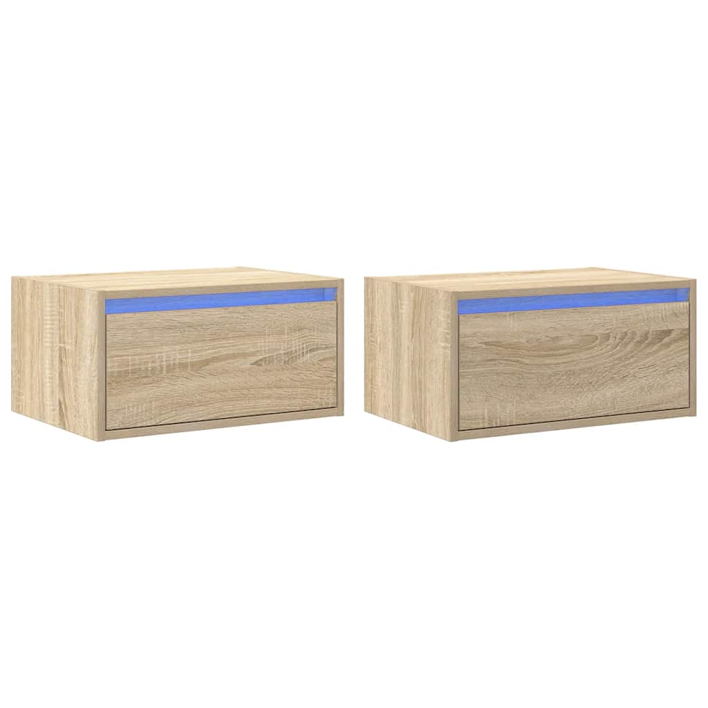 vidaXL Noptiere montate pe perete cu lumini LED, 2 buc., stejar sonoma vidaXL Noptiere montate pe perete cu lumini LED, 2 buc., stejar sonoma