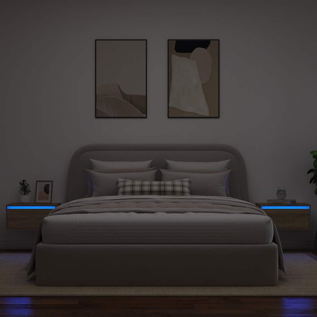 vidaXL Noptiere montate pe perete cu lumini LED, 2 buc., stejar sonoma vidaXL Noptiere montate pe perete cu lumini LED, 2 buc., stejar sonoma