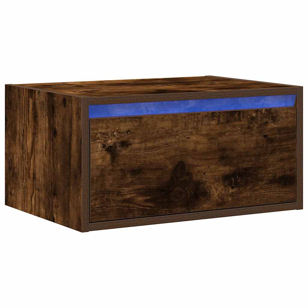 vidaXL Noptieră montată pe perete cu lumini LED, stejar fumuriu vidaXL Noptieră montată pe perete cu lumini LED, stejar fumuriu