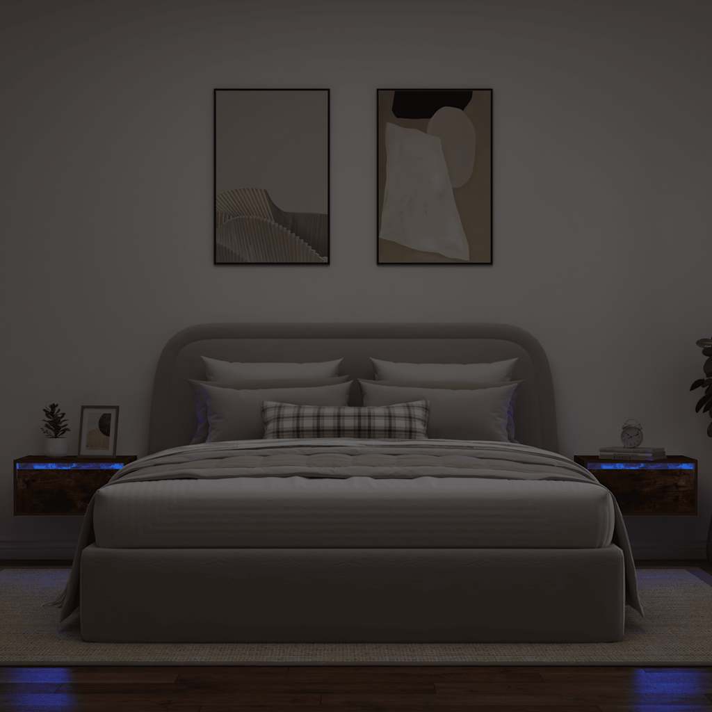 vidaXL Noptiere montate pe perete cu lumini LED, 2 buc.,stejar fumuriu vidaXL Noptiere montate pe perete cu lumini LED, 2 buc.,stejar fumuriu