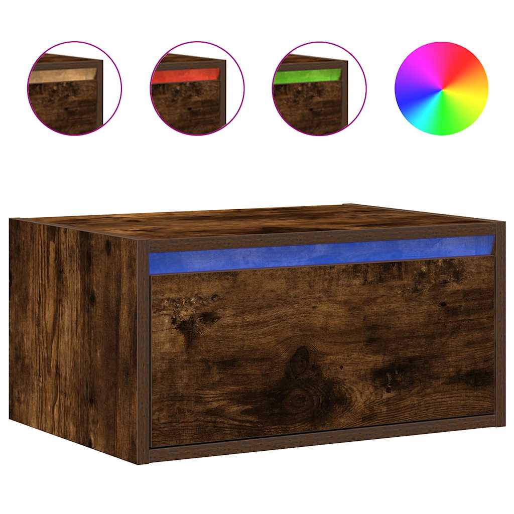 vidaXL Noptiere montate pe perete cu lumini LED, 2 buc.,stejar fumuriu vidaXL Noptiere montate pe perete cu lumini LED, 2 buc.,stejar fumuriu