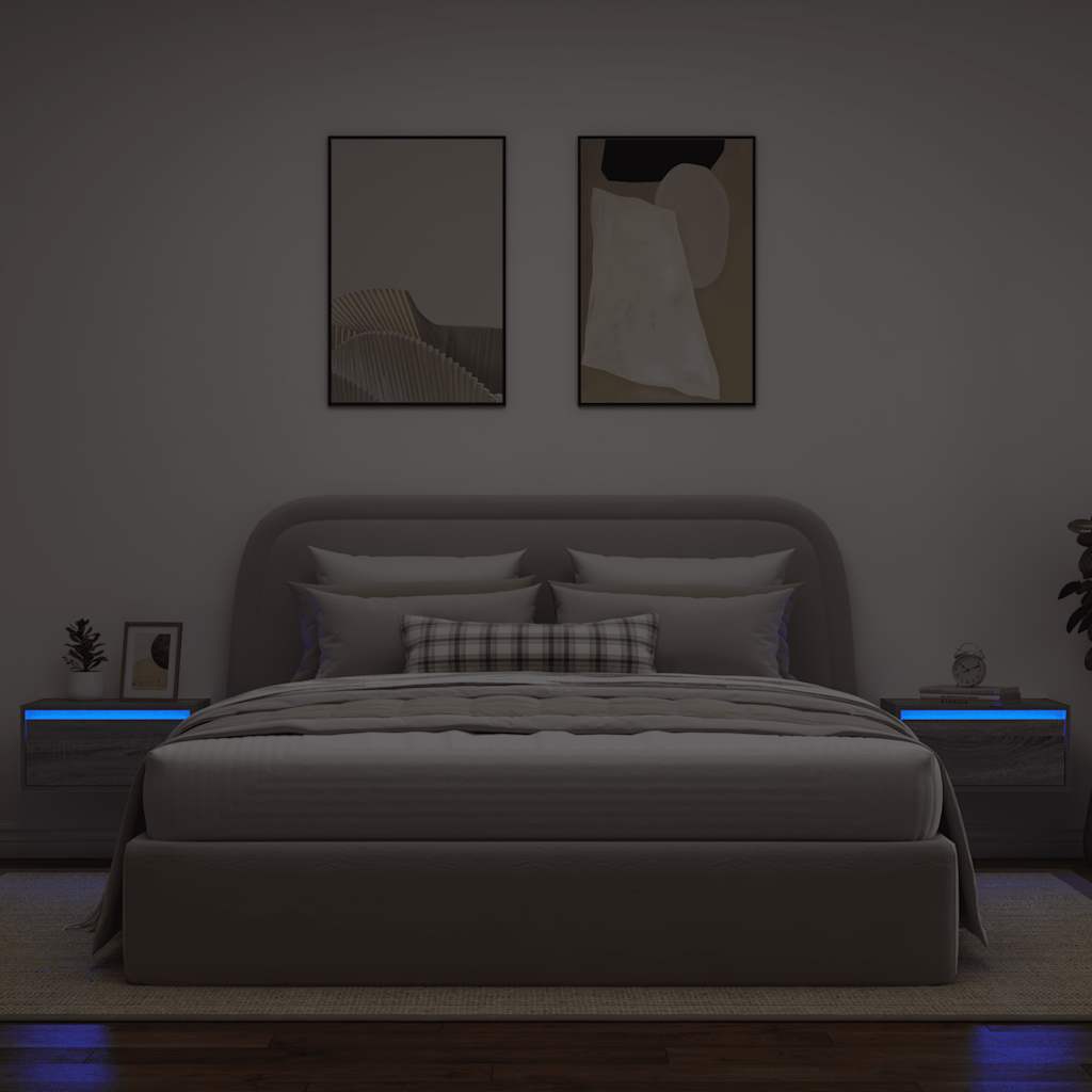 vidaXL Noptiere montate pe perete cu lumini LED, 2 buc., sonoma gri vidaXL Noptiere montate pe perete cu lumini LED, 2 buc., sonoma gri