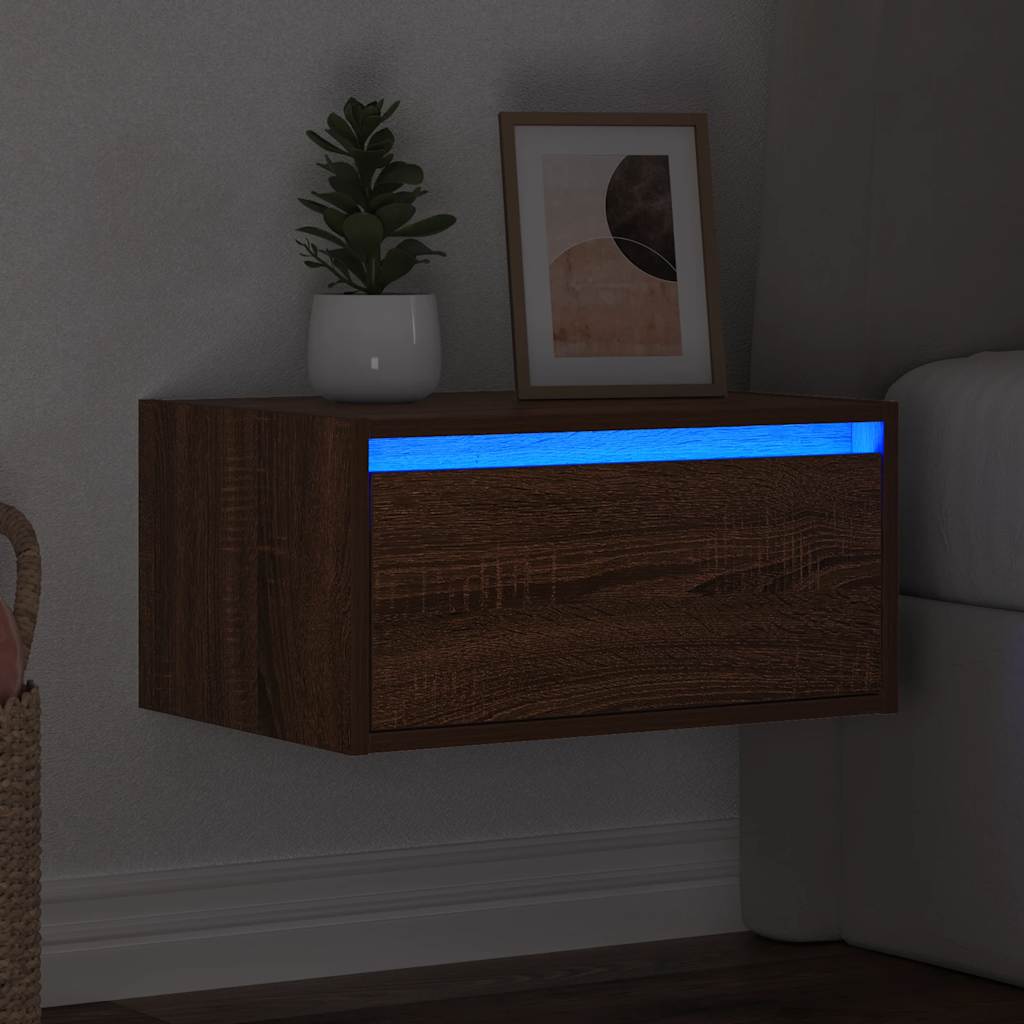 vidaXL Noptieră montată pe perete cu lumini LED, stejar maro vidaXL Noptieră montată pe perete cu lumini LED, stejar maro