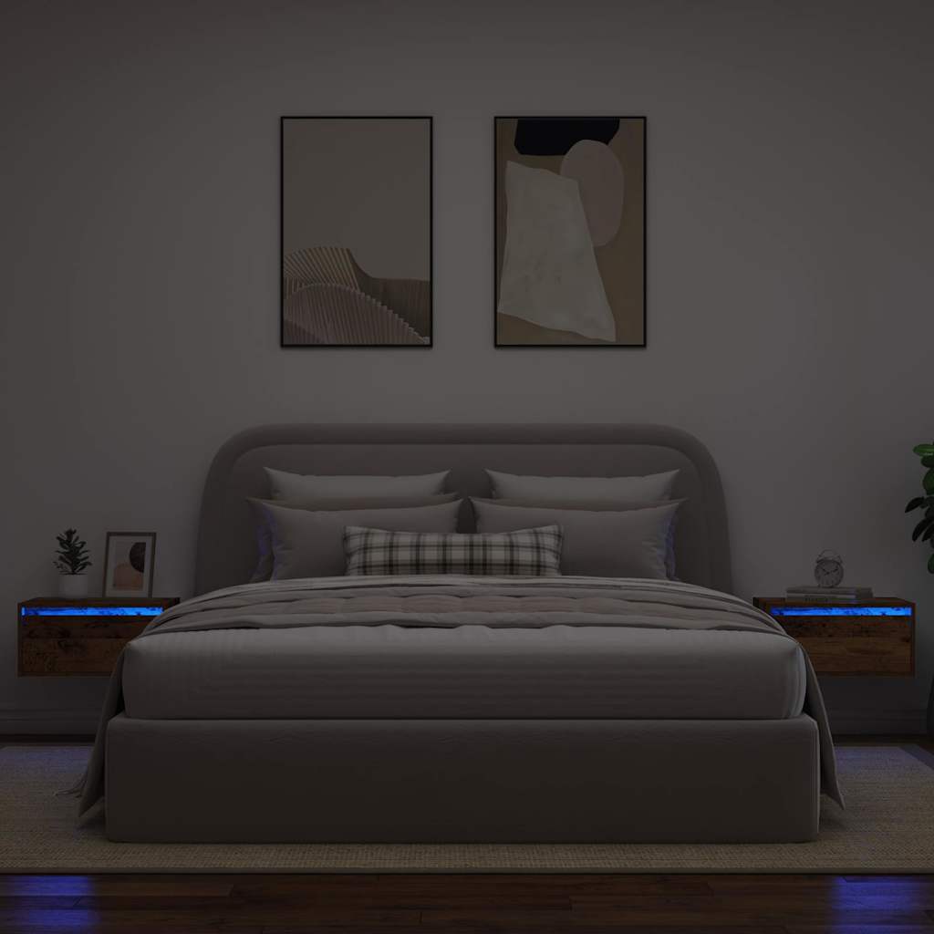 vidaXL Noptiere montate pe perete cu lumini LED 2 buc Lemn vechi vidaXL Noptiere montate pe perete cu lumini LED 2 buc Lemn vechi