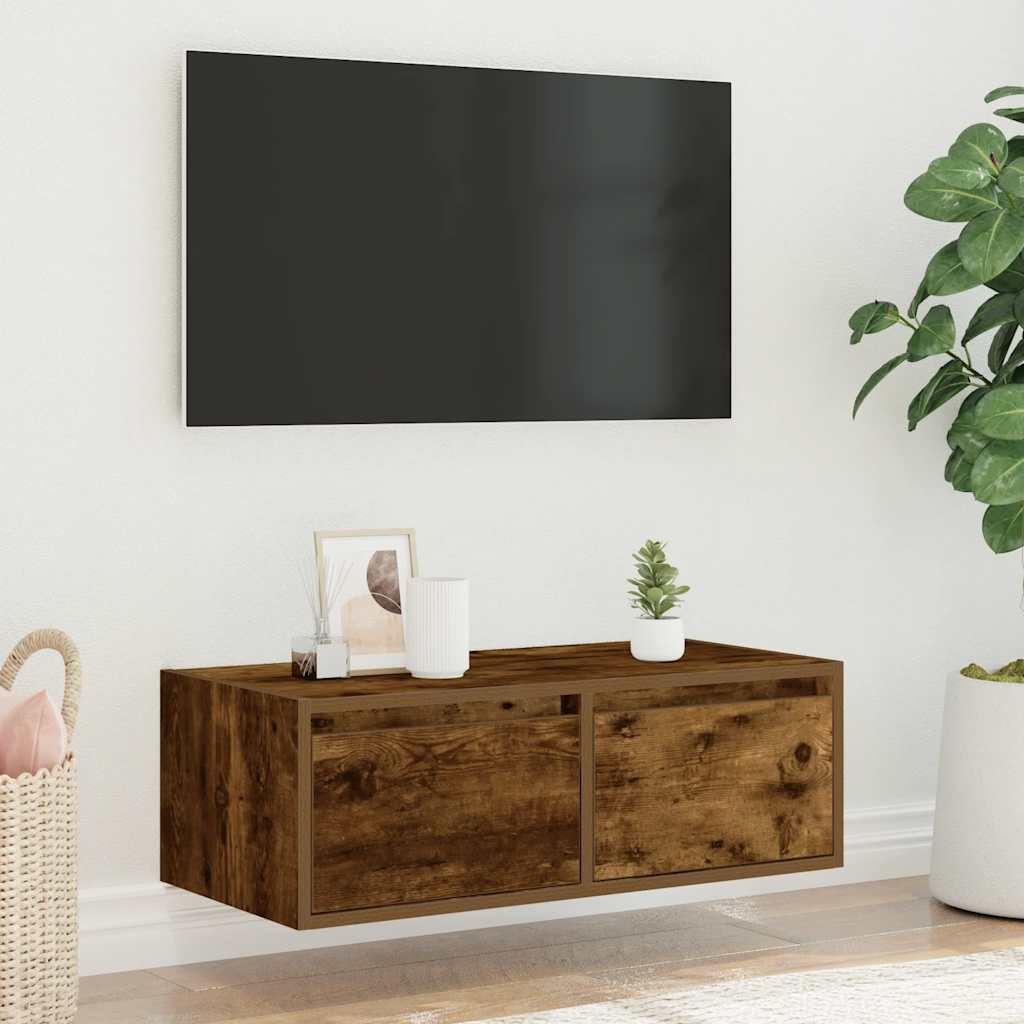 vidaXL Comodă TV cu lumini LED, stejar fumuriu,75x35,5x25 cm