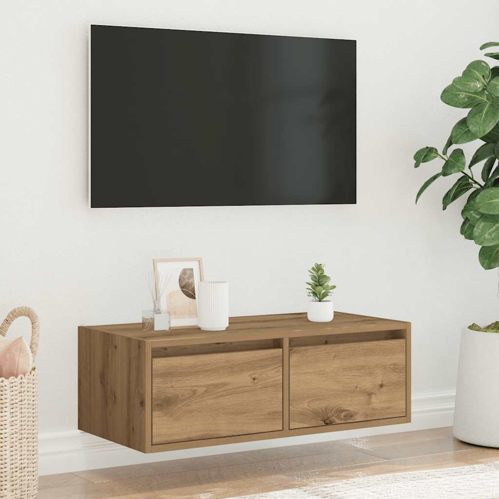 vidaXL Comodă TV cu lumini LED, stejar artizanal, 75x35,5x25 cm