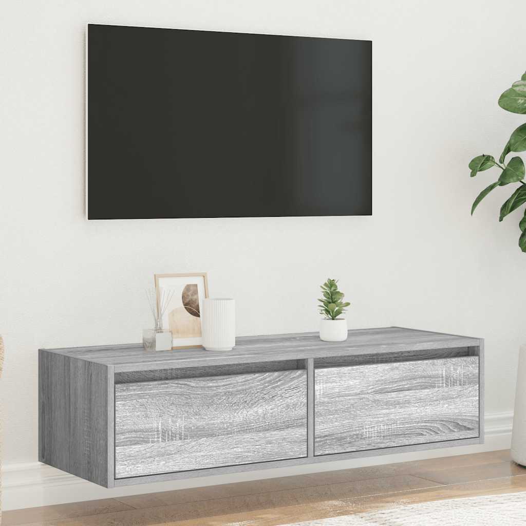 vidaXL Comodă TV cu lumini LED, gri sonoma, 100X35,5x25 cm vidaXL Comodă TV cu lumini LED, gri sonoma, 100X35,5x25 cm
