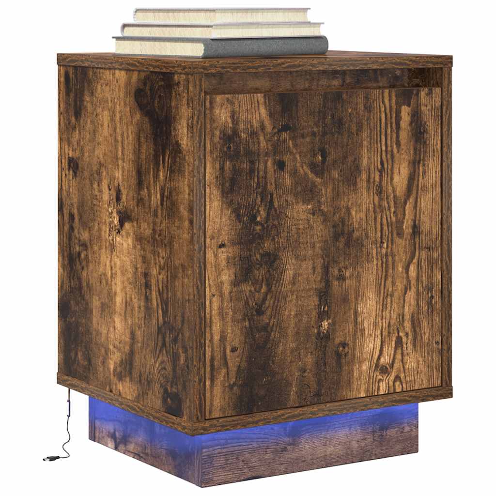 vidaXL Noptiera cu lumini LED Stejar afumat 38x34x50 cm vidaXL Noptiera cu lumini LED Stejar afumat 38x34x50 cm