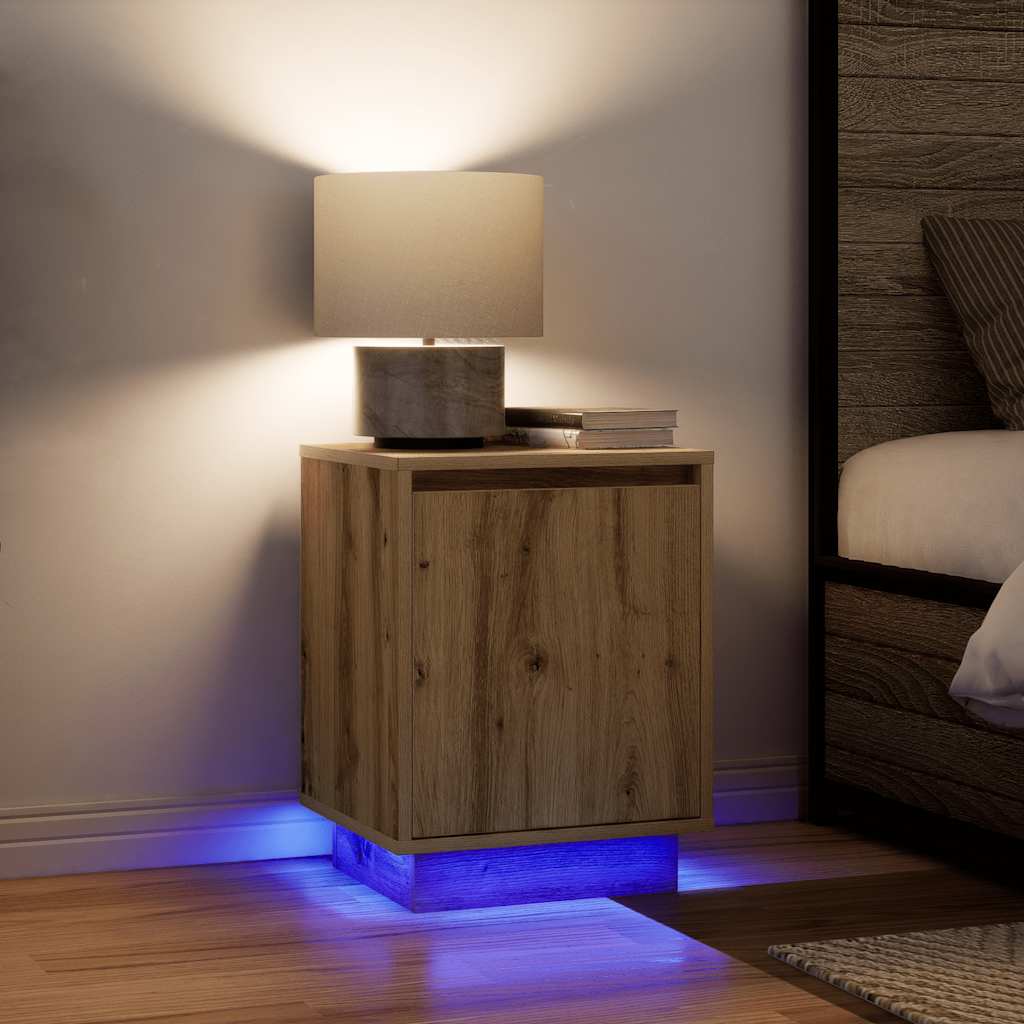 vidaXL Noptiera cu lumini LED Stejar Artisan 38x34x50 cm vidaXL Noptiera cu lumini LED Stejar Artisan 38x34x50 cm