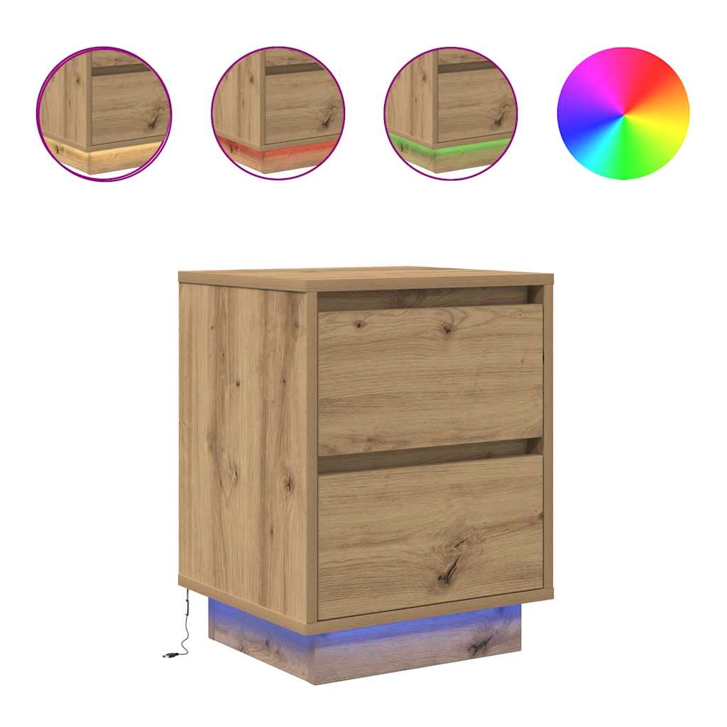 vidaXL Noptiere cu lumini LED 2 buc Stejar Artisan 38x34x50 cm