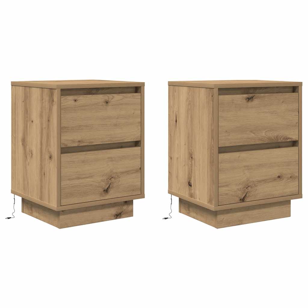 vidaXL Noptiere cu lumini LED 2 buc Stejar Artisan 38x34x50 cm