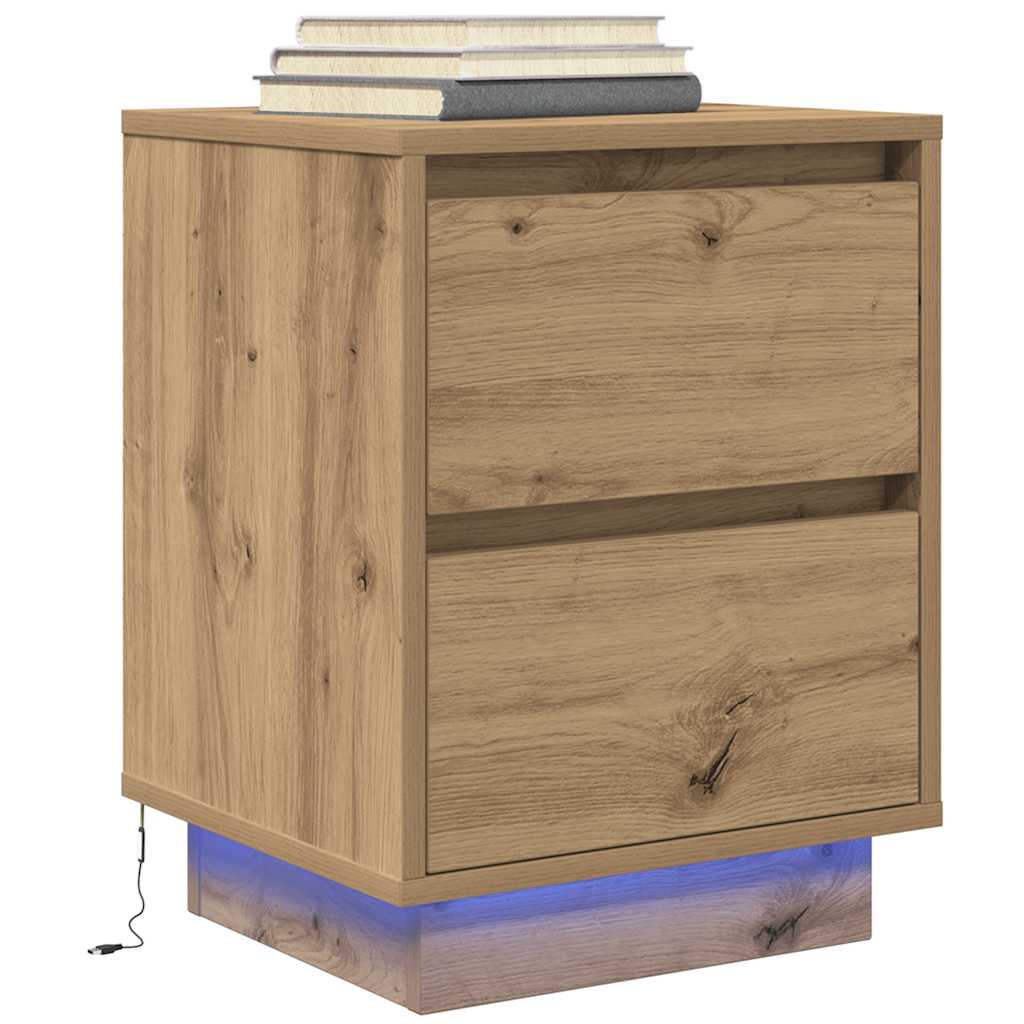 vidaXL Noptiere cu lumini LED 2 buc Stejar Artisan 38x34x50 cm