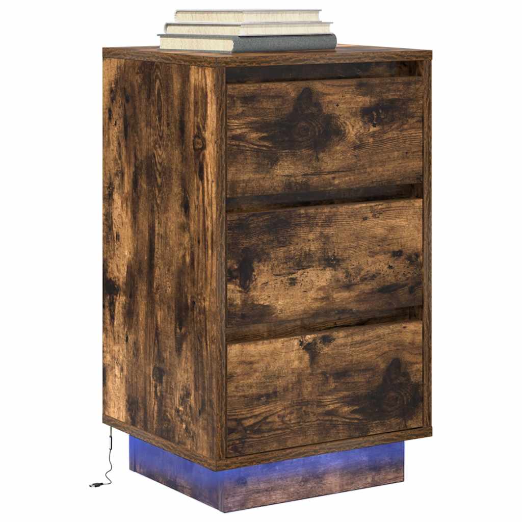 vidaXL Noptiera cu lumini LED Stejar afumat 38x34x65 cm vidaXL Noptiera cu lumini LED Stejar afumat 38x34x65 cm