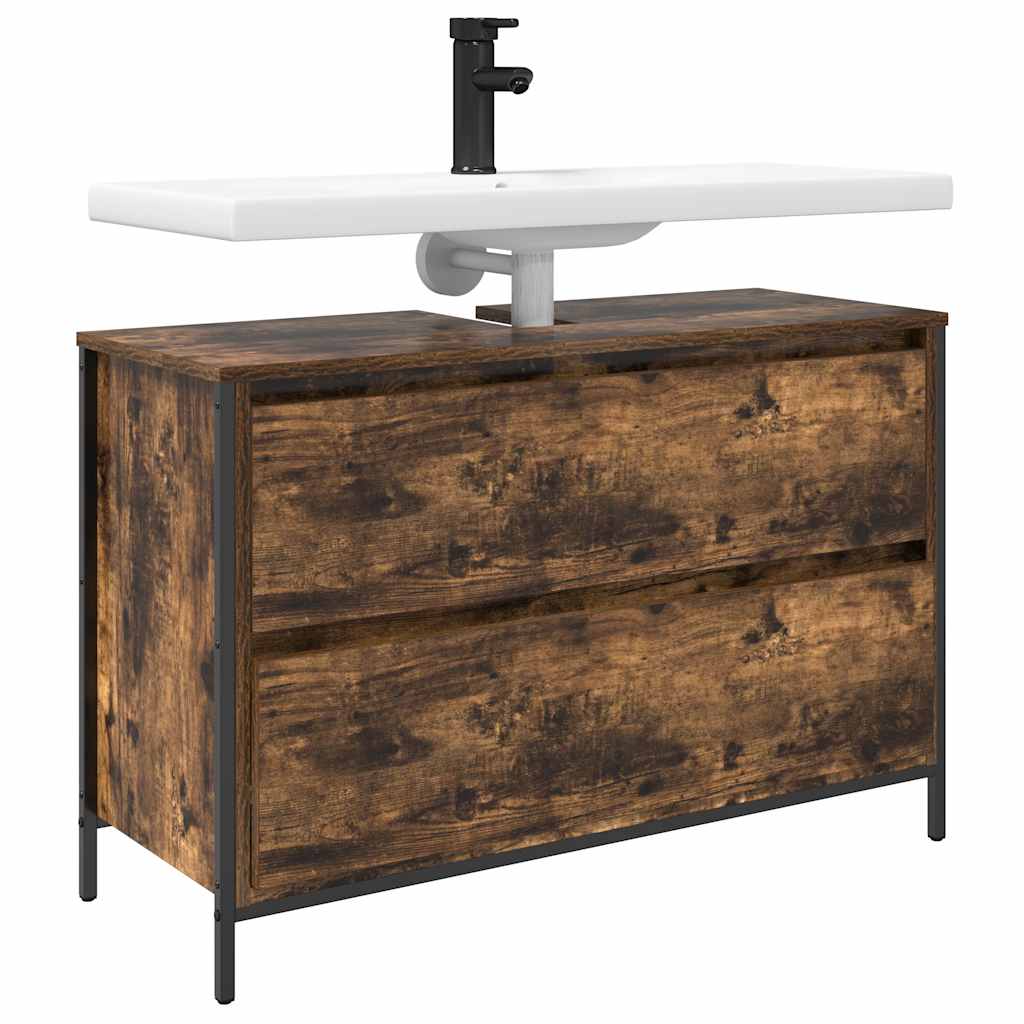 vidaXL Dulap pentru baie cu sertare stejar afumat 90x34,5x60 cm vidaXL Dulap pentru baie cu sertare stejar afumat 90x34,5x60 cm