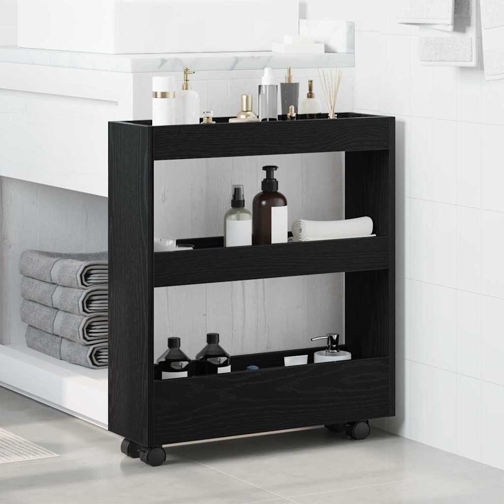 vidaXL Cabinet Strâmt de Baie cu Roți Stejar Negru Lemn Ingineresc