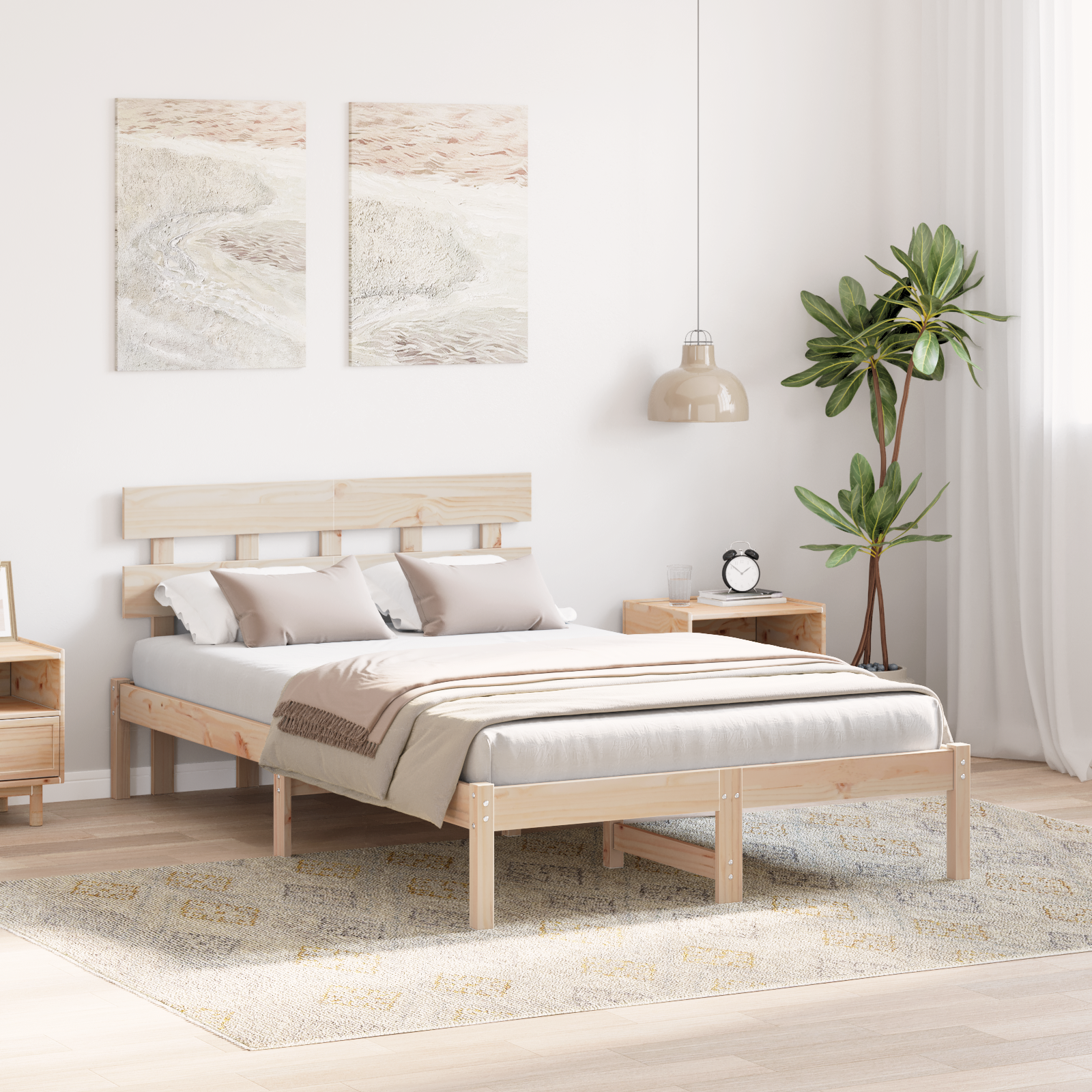 vidaXL Cadru de pat cu headboard Maro 135 x 190 cm Lemn masiv de pin vidaXL Cadru de pat cu headboard Maro 135 x 190 cm Lemn masiv de pin