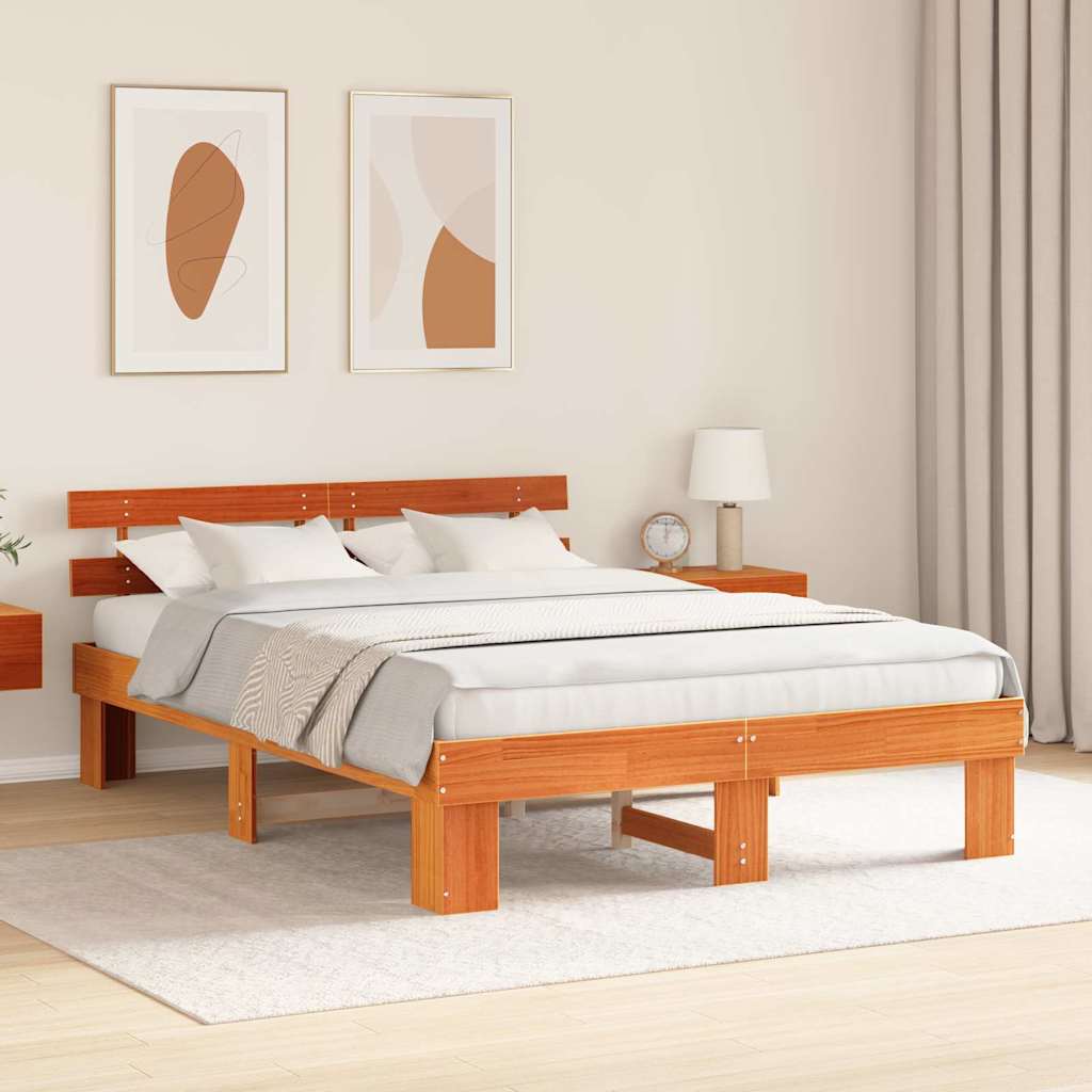 vidaXL Cadru de pat cu headboard Maro 150 x 200 cm Lemn masiv de pin