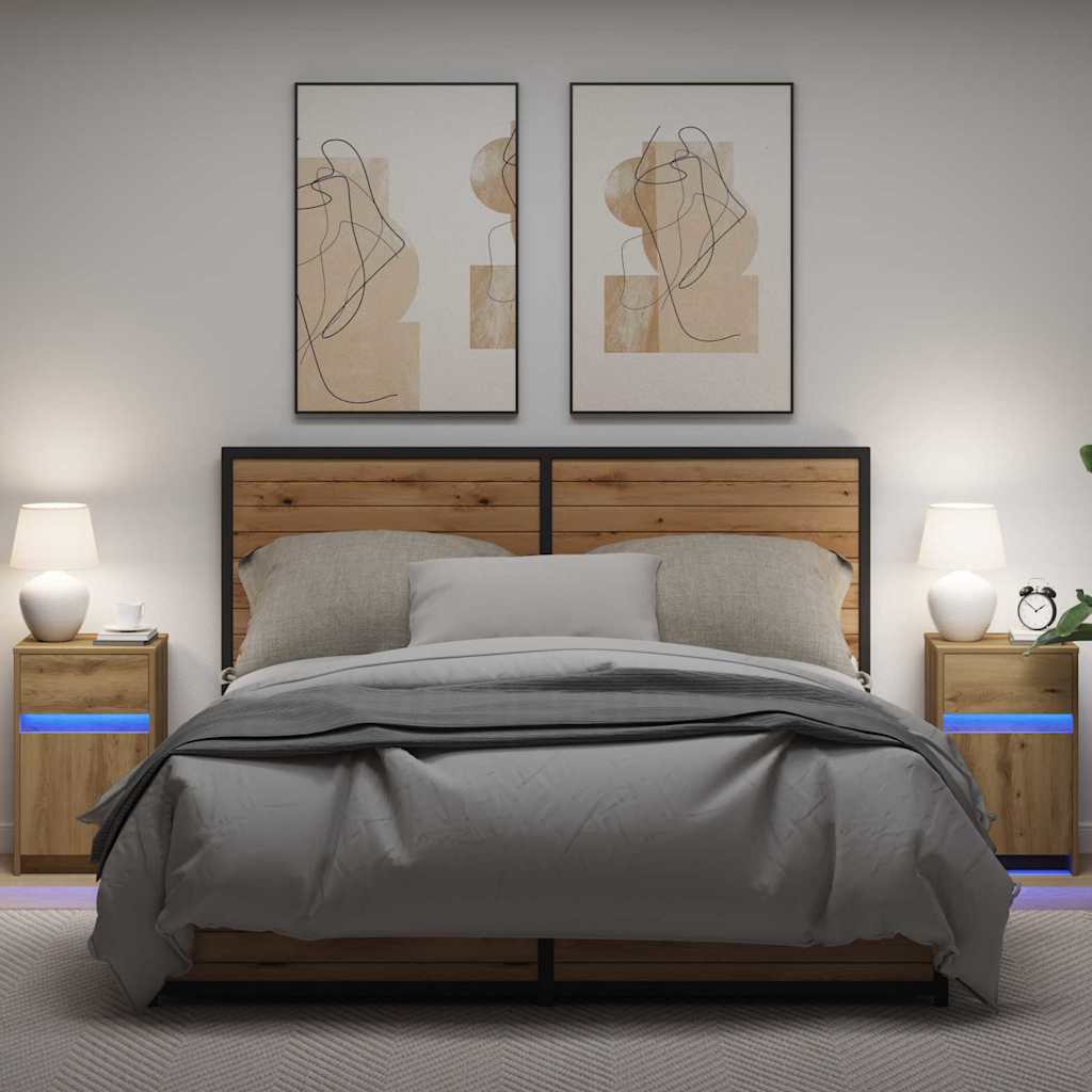 vidaXL Noptieră LED cu sertar 2 pcs stejar artizanal 38 x 34 x 61 cm