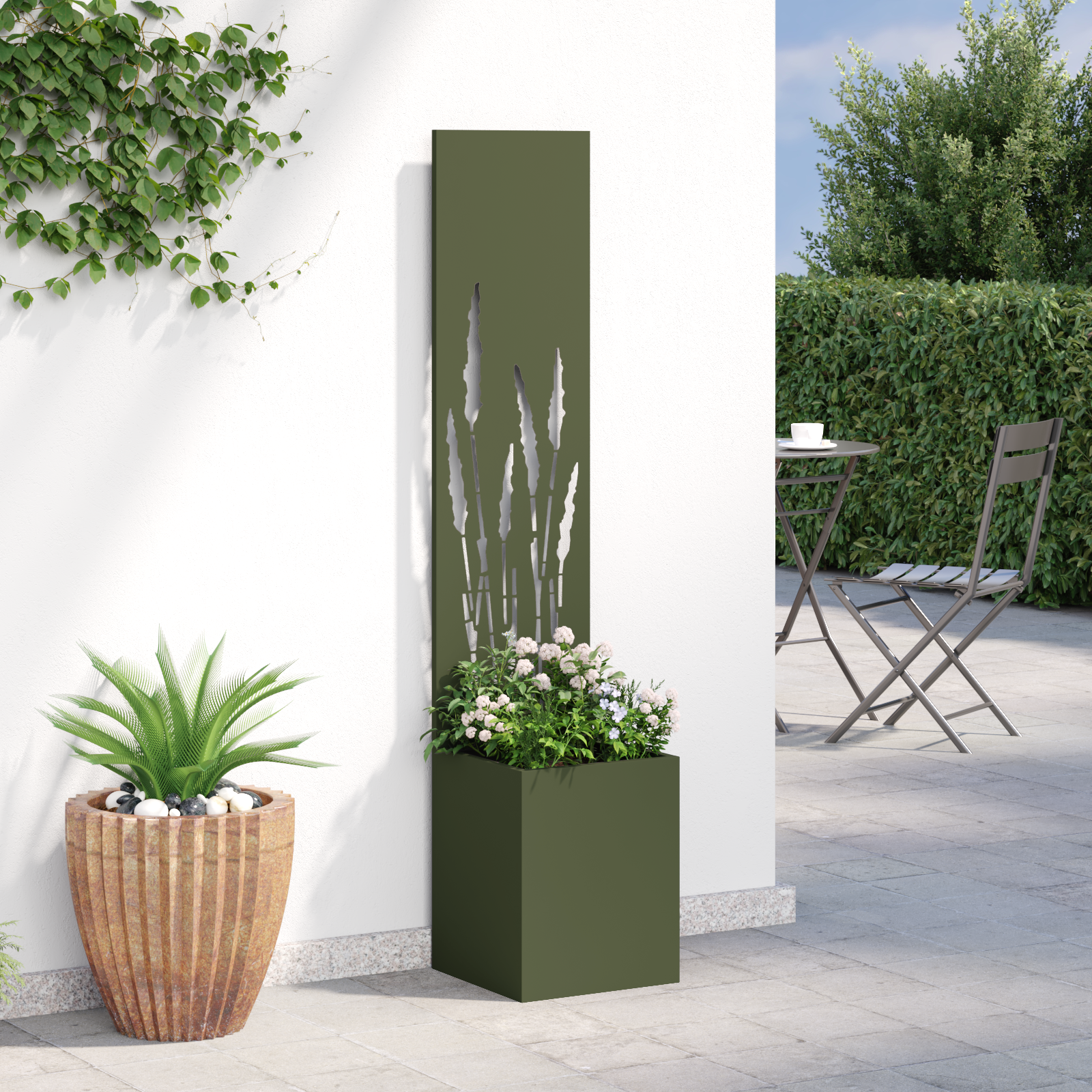 vidaXL Ghiveci de Grădină cu Panou Decorativ Olivengrønn 32 x 140 cm vidaXL Ghiveci de Grădină cu Panou Decorativ Olivengrønn 32 x 140 cm