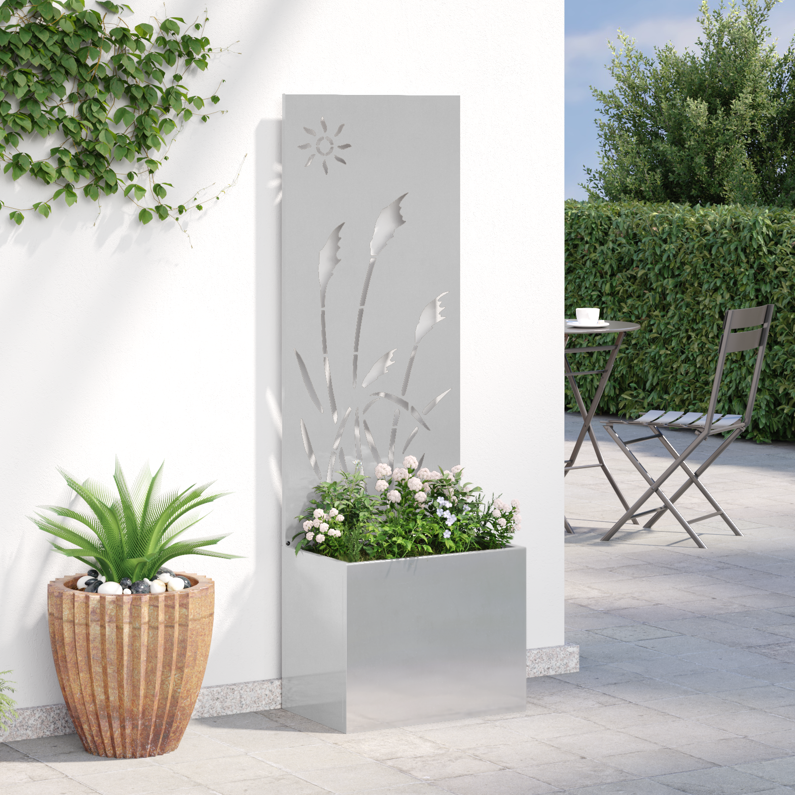 vidaXL Ghiveci de Grădină cu Panou Decorativ Argintiu 50 x 140 cm vidaXL Ghiveci de Grădină cu Panou Decorativ Argintiu 50 x 140 cm