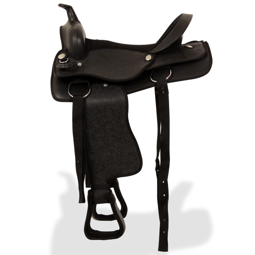 vidaXL Șa Western, căpăstru & pieptar, piele naturală, 16", negru vidaXL Șa Western, căpăstru & pieptar, piele naturală, 16", negru
