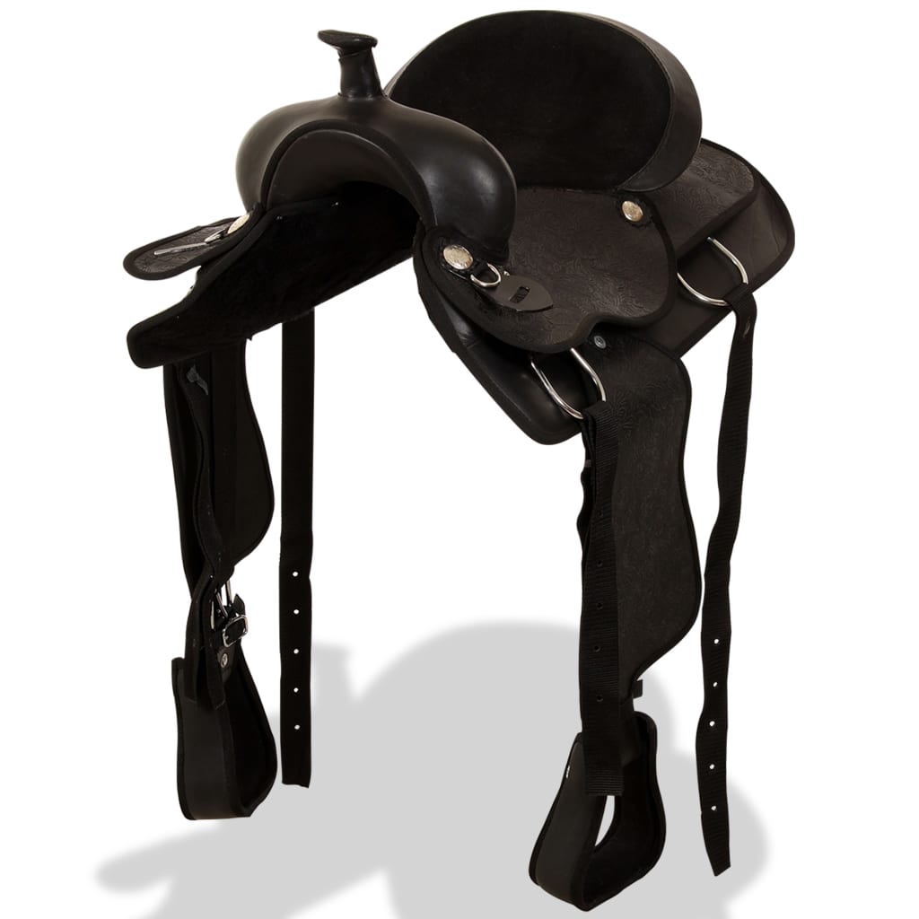 vidaXL Șa Western, căpăstru & pieptar, piele naturală, 16", negru vidaXL Șa Western, căpăstru & pieptar, piele naturală, 16", negru