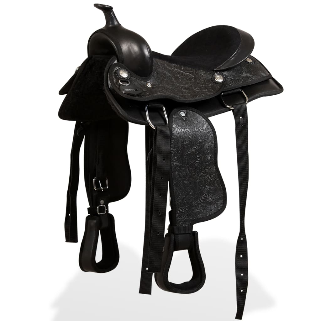 vidaXL Șa Western, căpăstru & pieptar, piele naturală, 12", negru vidaXL Șa Western, căpăstru & pieptar, piele naturală, 12", negru
