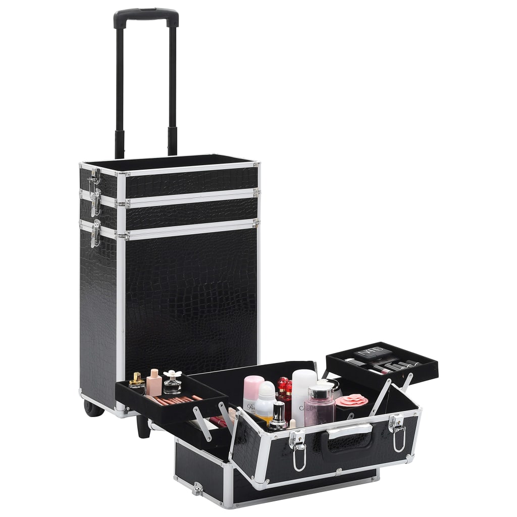 vidaXL Troler de cosmetice, model cu crocodil, negru, aluminiu