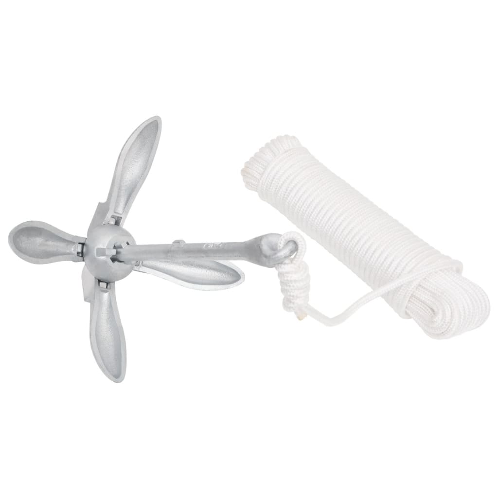 vidaXL Ancoră pliabilă cu funie, argintiu, 3,2 kg, fier maleabil vidaXL Ancoră pliabilă cu funie, argintiu, 3,2 kg, fier maleabil